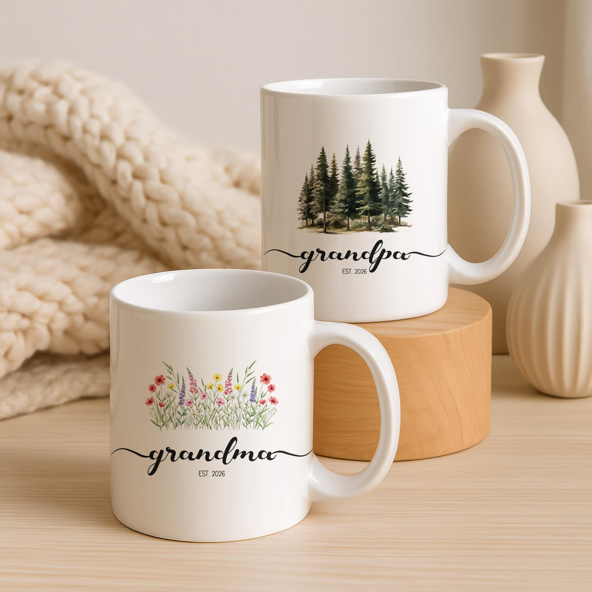 Personalized Grandma Grandpa Ceramic Mugs, Floral Forest Tree Design (11oz/15oz)