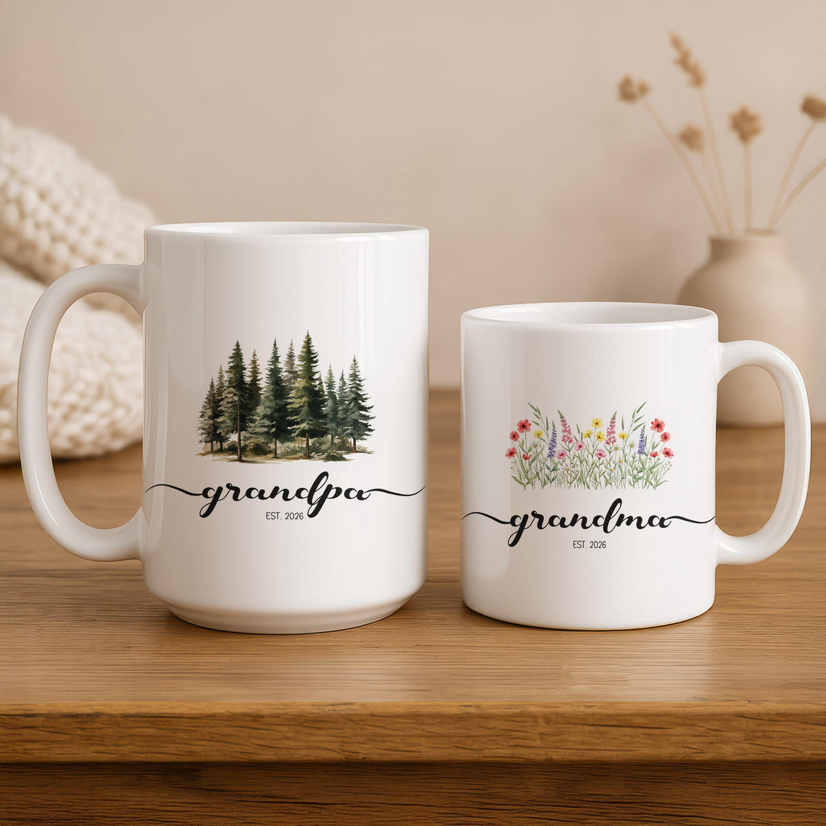 Personalized Grandma Grandpa Ceramic Mugs, Floral Forest Tree Design (11oz/15oz)