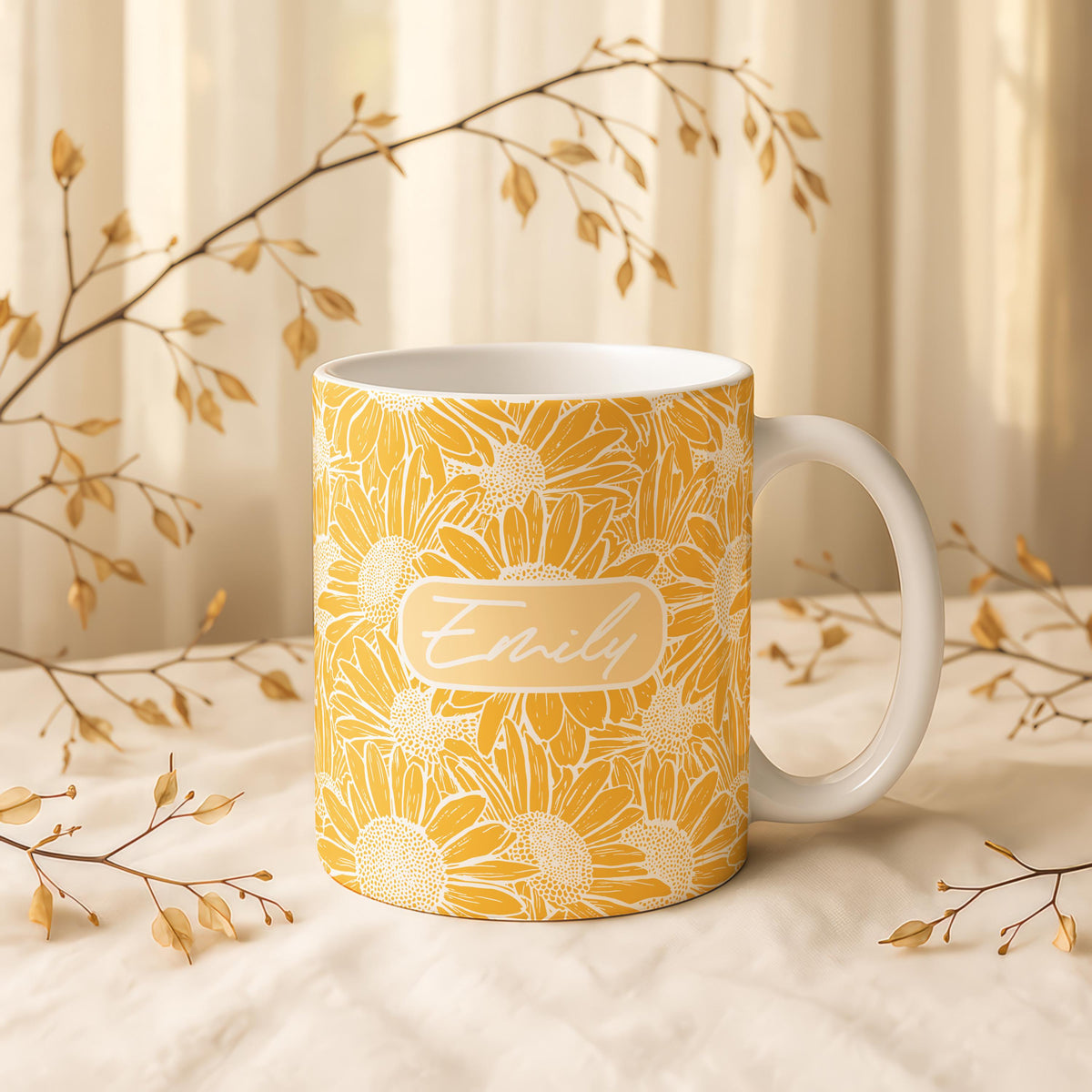 Personalized Sunflower Ceramic Mug, Custom Name Coffee Cup, Floral Pottery Gift