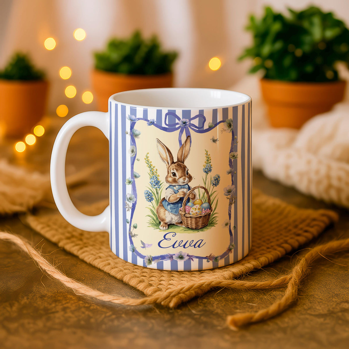Personalized Easter Bunny Mug, Custom Name Rabbit Coffee Cup, Floral Spring Ceramic Tea Mug
