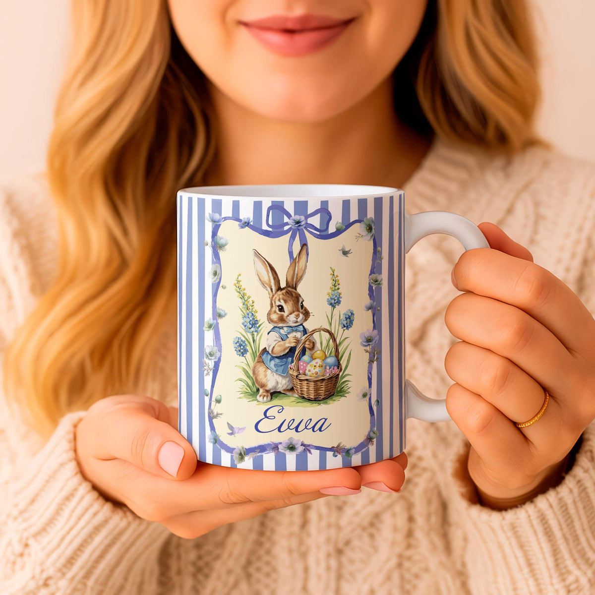 Personalized Easter Bunny Mug, Custom Name Rabbit Coffee Cup, Floral Spring Ceramic Tea Mug