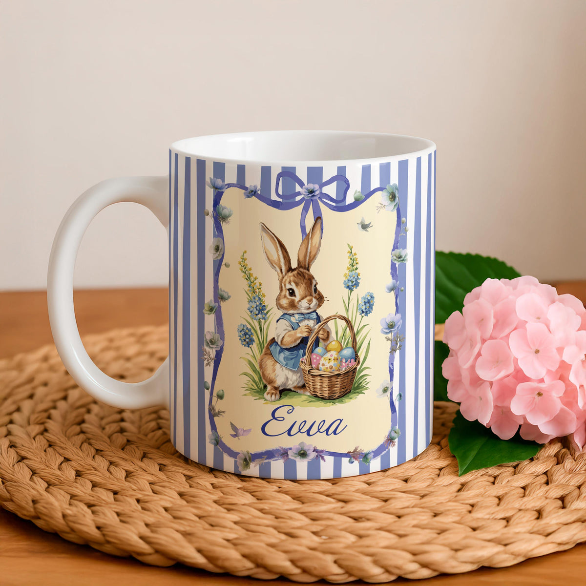 Personalized Easter Bunny Mug, Custom Name Rabbit Coffee Cup, Floral Spring Ceramic Tea Mug