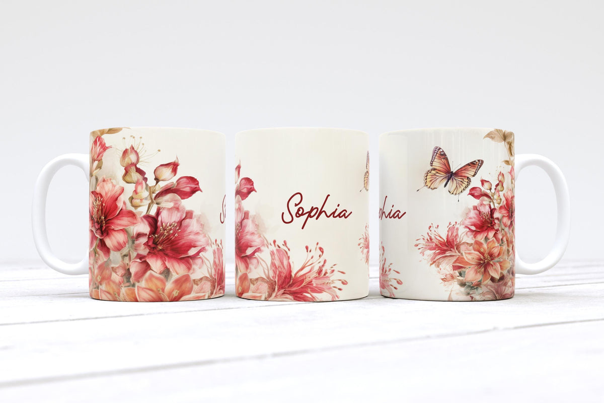 Personalized Floral Ceramic Mug, Watercolor Butterfly Tea Cup