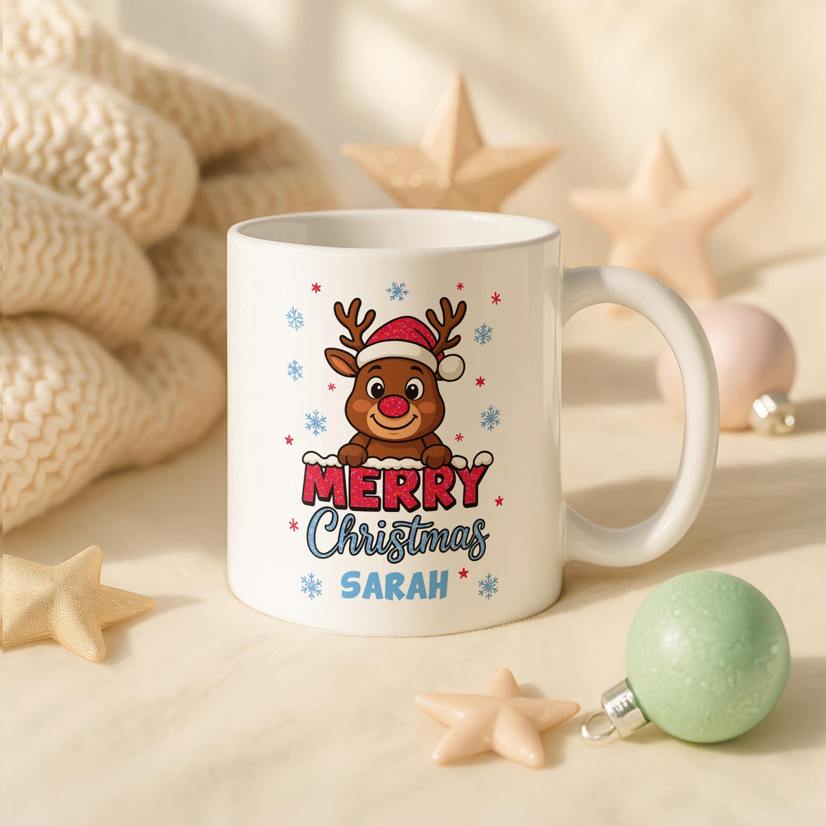 Personalized Christmas Reindeer Ceramic Mug, Custom Name Merry Coffee Cup