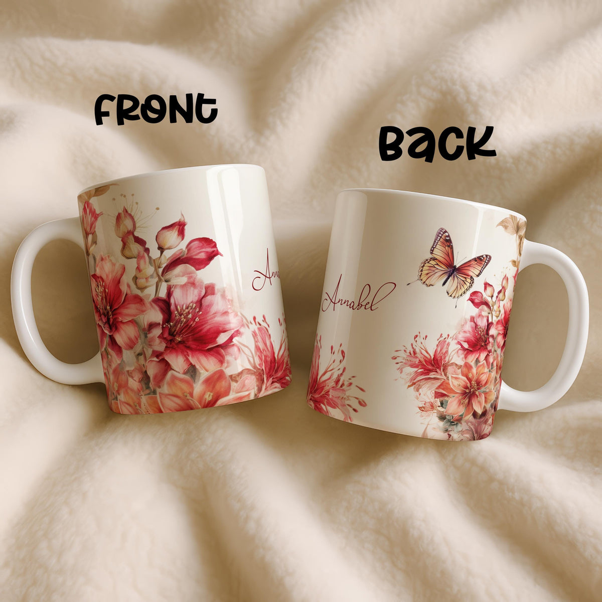Personalized Floral Ceramic Mug, Watercolor Butterfly Tea Cup