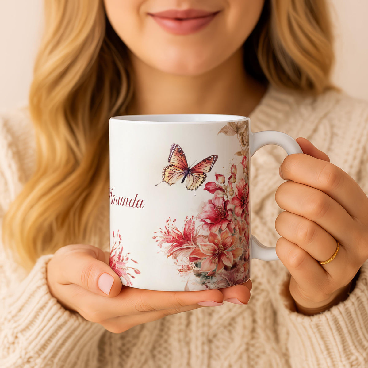 Personalized Floral Ceramic Mug, Watercolor Butterfly Tea Cup