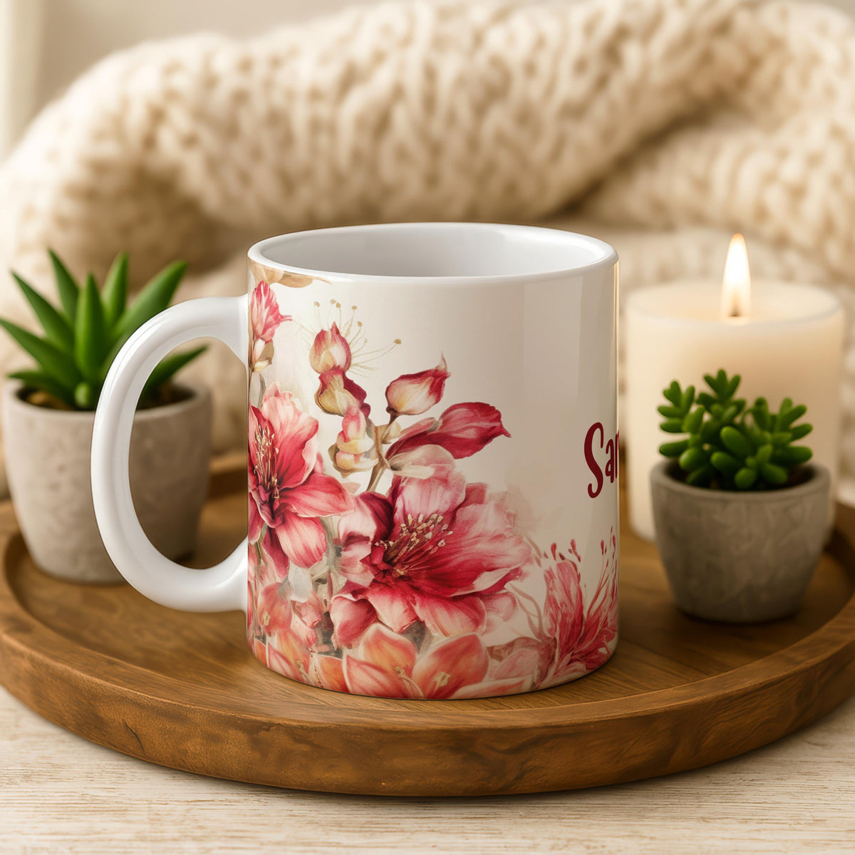 Personalized Floral Ceramic Mug, Watercolor Butterfly Tea Cup