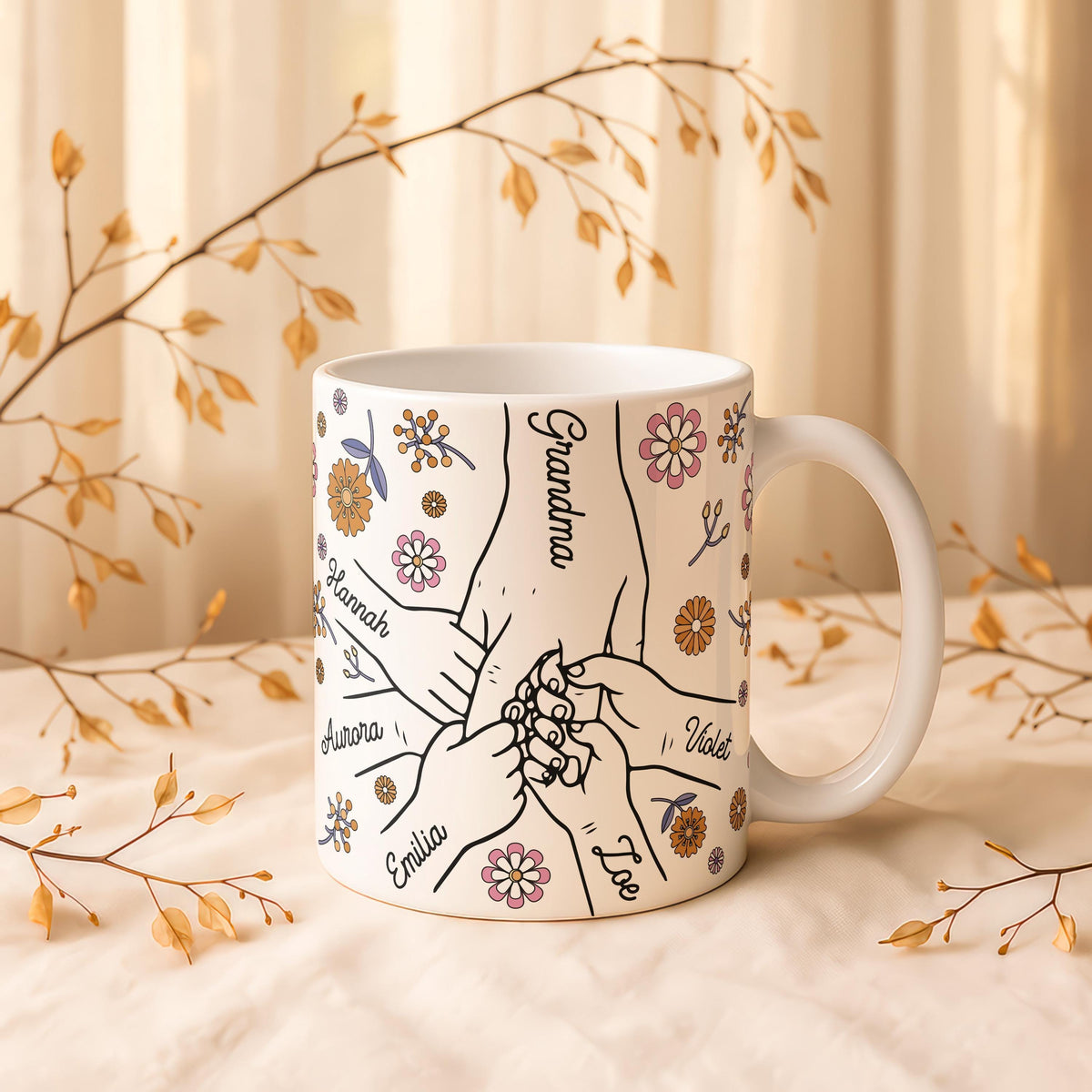 Personalized Grandma Floral Ceramic Mug, Custom Nana Coffee Cup