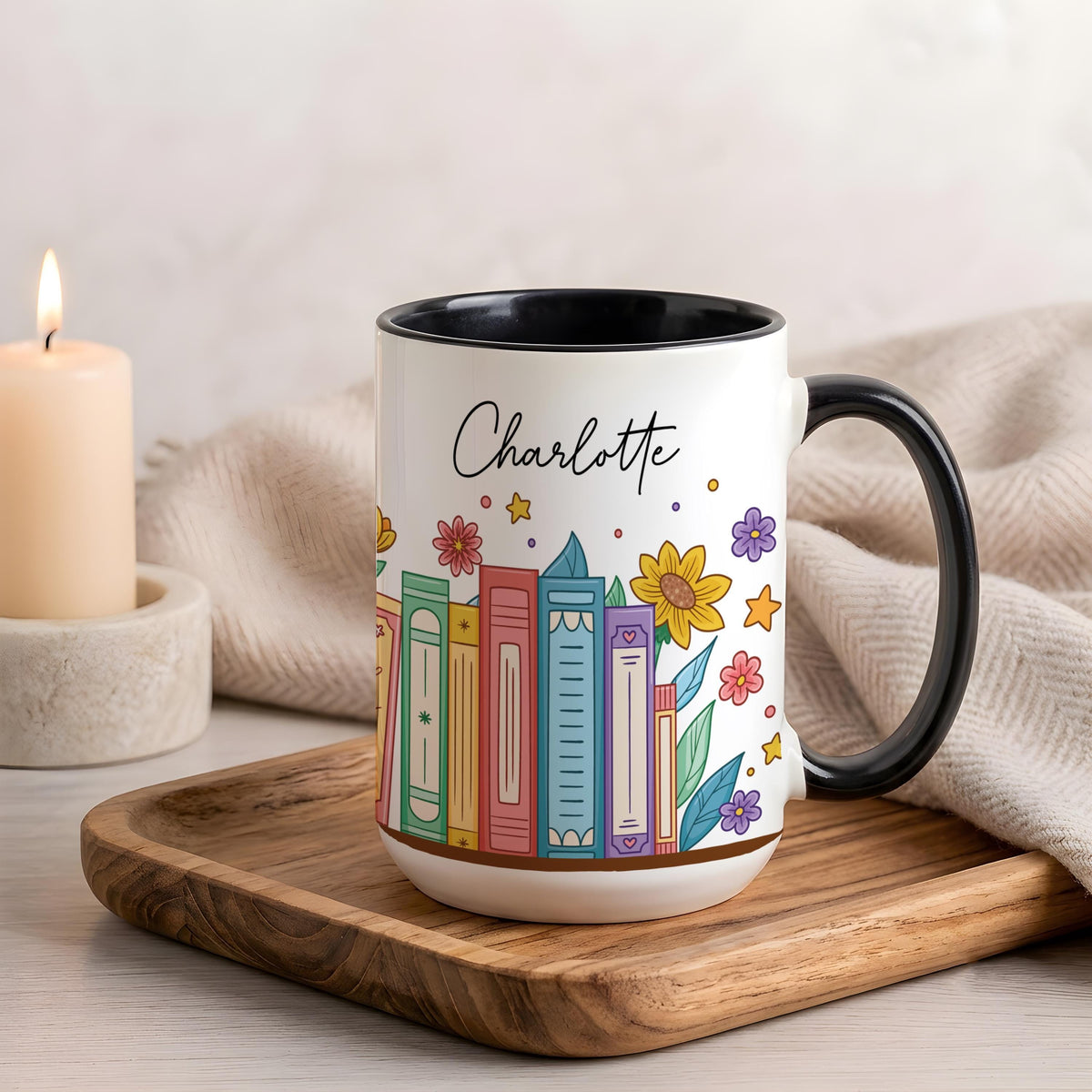 Personalized Name Ceramic Mug, Floral Bookish Coffee Cup, Bookworm Reader Gift