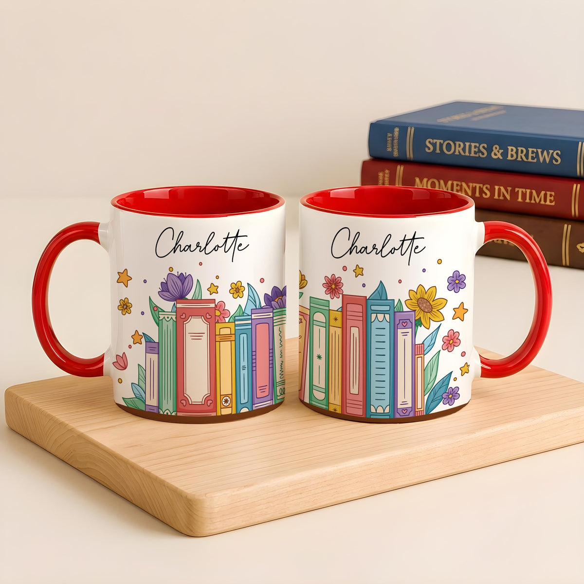 Personalized Name Ceramic Mug, Floral Bookish Coffee Cup, Bookworm Reader Gift