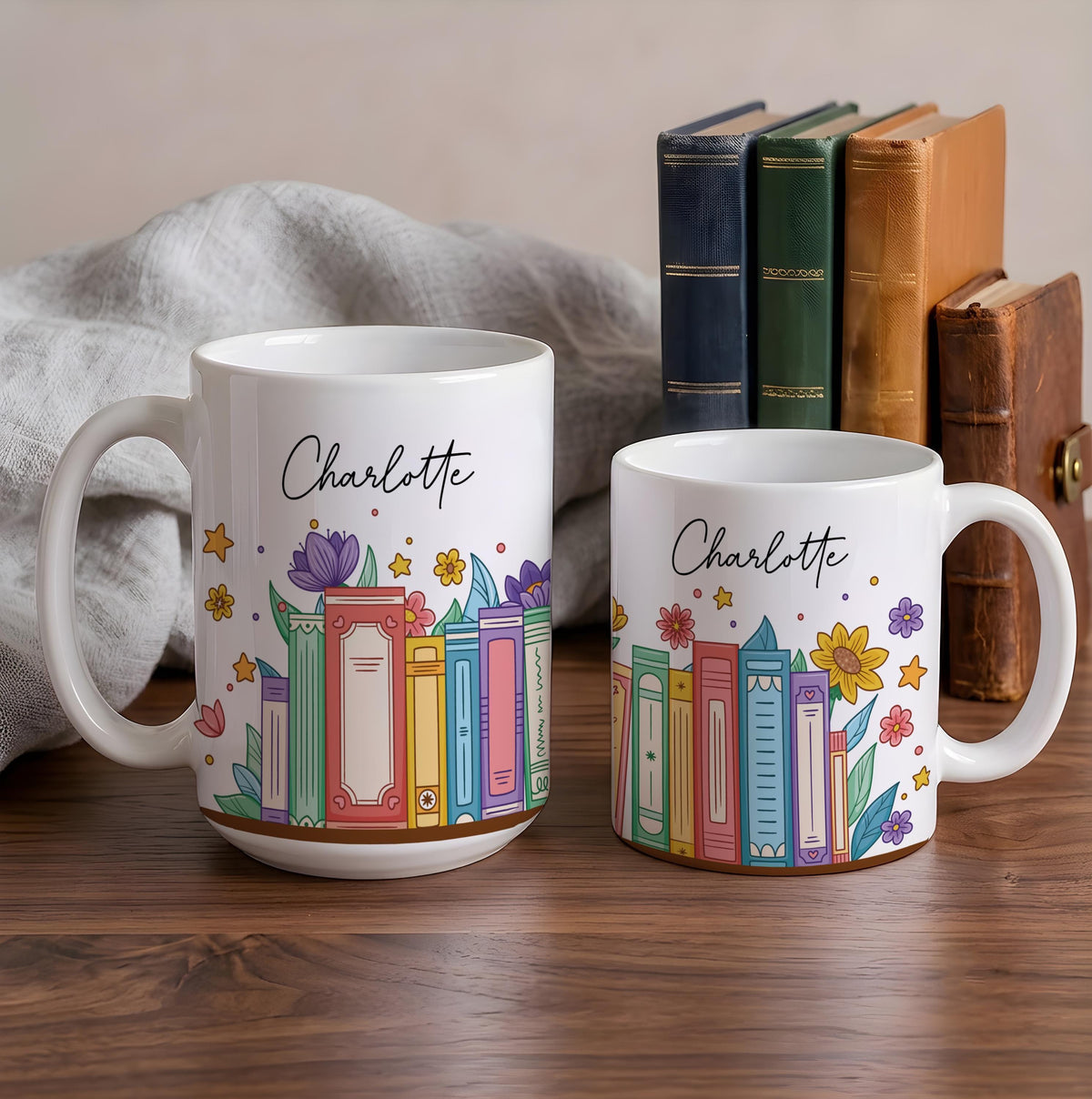 Personalized Name Ceramic Mug, Floral Bookish Coffee Cup, Bookworm Reader Gift