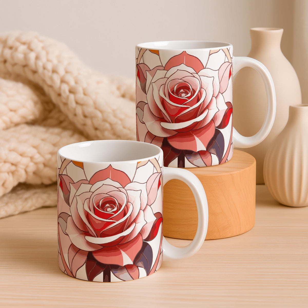 Elegant Rose Ceramic Coffee Mug, Modern Floral Tea Cup, Botanical Drinkware