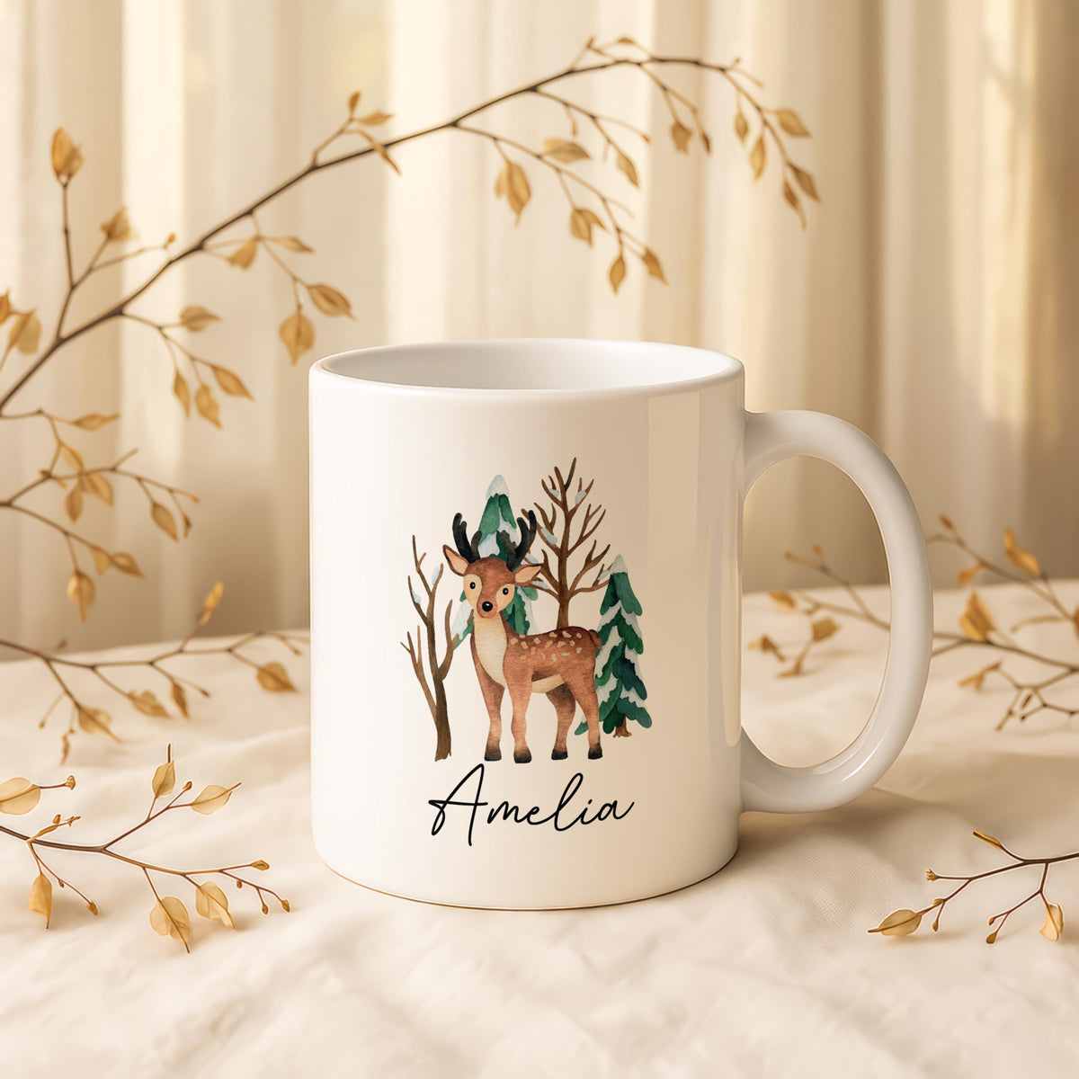 Personalized Woodland Deer Ceramic Mug, Forest Animal Tea Cup, Custom Name Pottery