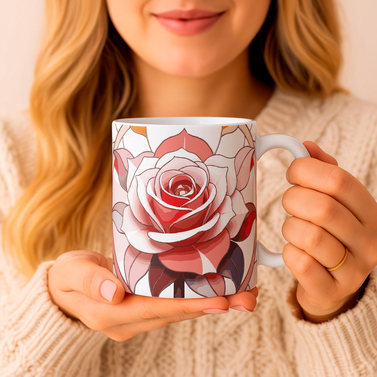 Elegant Rose Ceramic Coffee Mug, Modern Floral Tea Cup, Botanical Drinkware