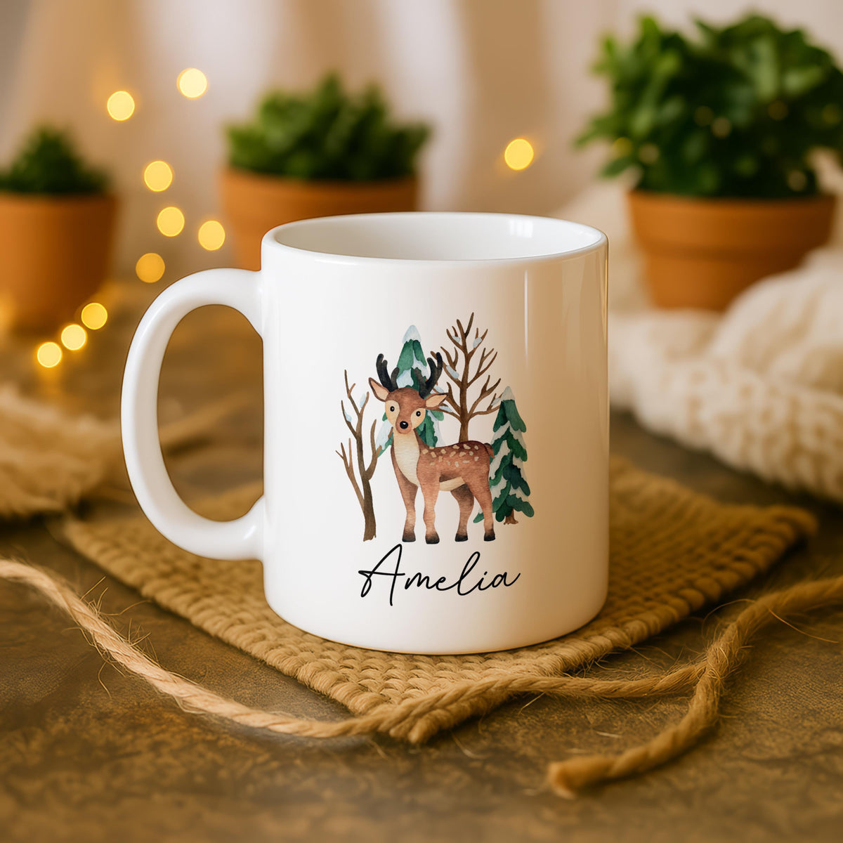 Personalized Woodland Deer Ceramic Mug, Forest Animal Tea Cup, Custom Name Pottery
