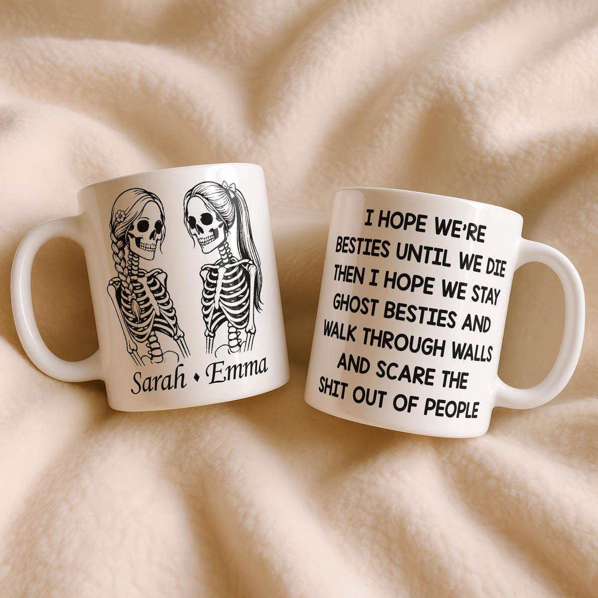 Skeleton Besties Ceramic Mug, Custom Friendship Coffee Cup, Gothic Tea Cup