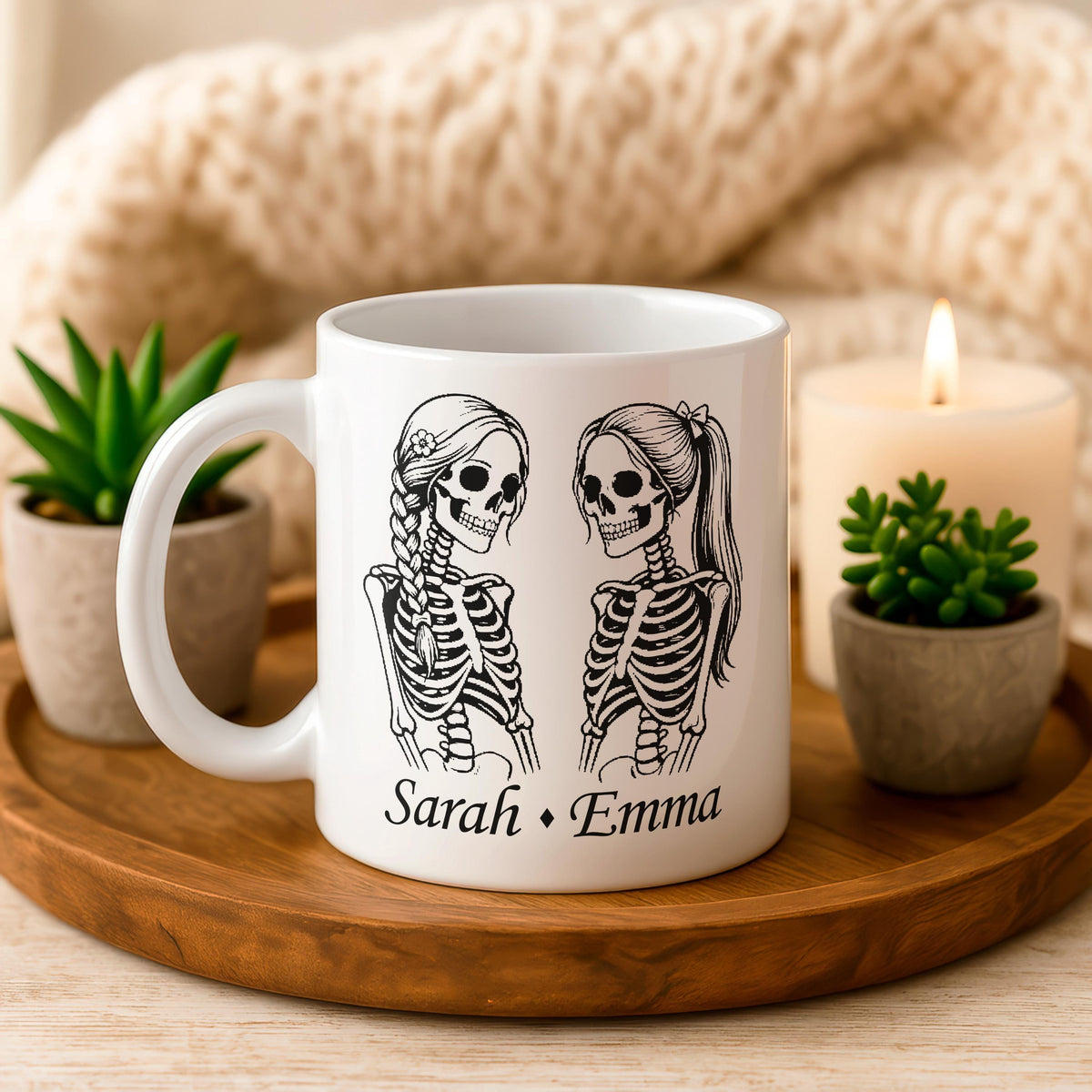 Skeleton Besties Ceramic Mug, Custom Friendship Coffee Cup, Gothic Tea Cup