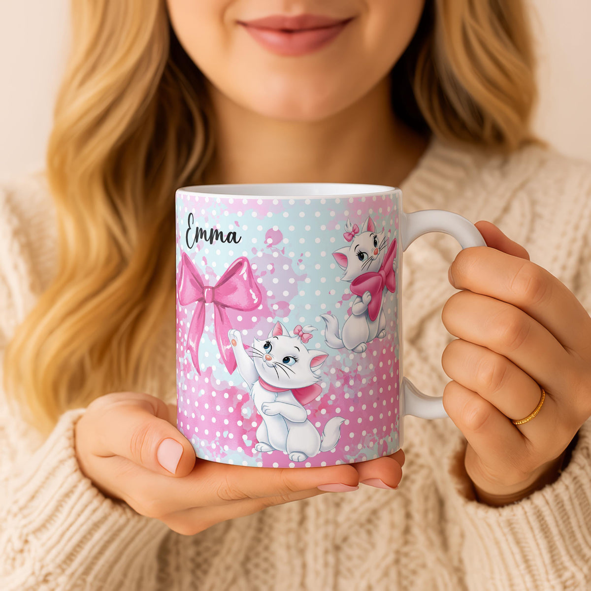 Personalized Cat Mug, Custom Name, Pink Bow, Ceramic Coffee Cup (11oz/15oz)
