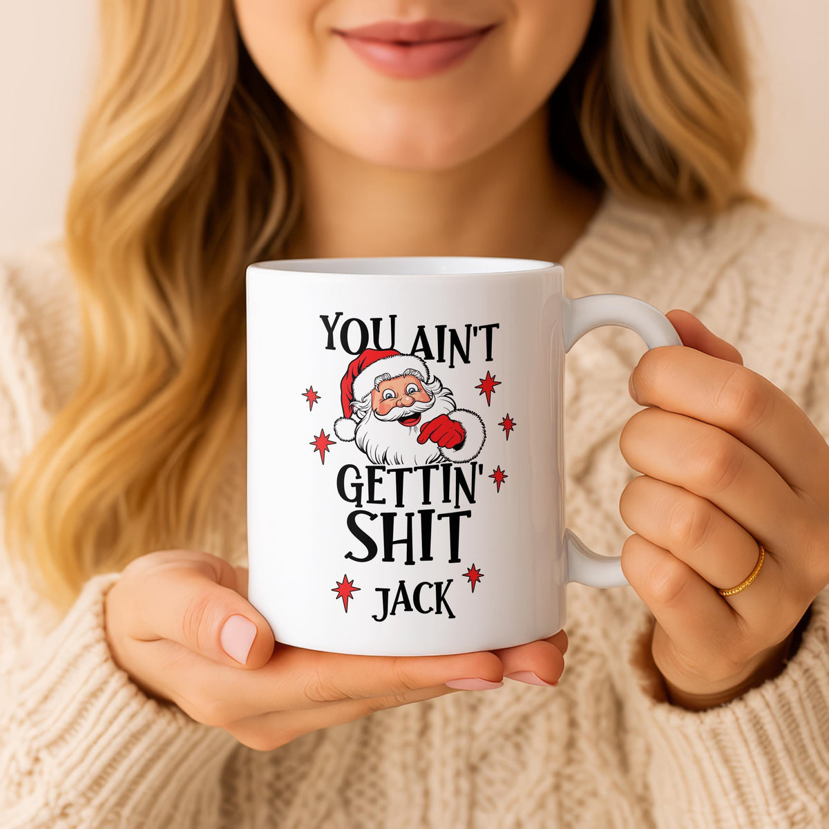 Funny Santa Christmas Mug, Custom Name Coffee Cup, Rude Xmas Gift