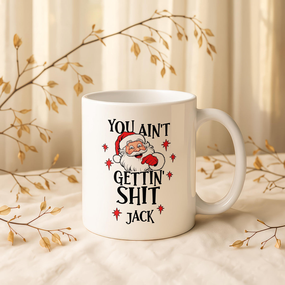 Funny Santa Christmas Mug, Custom Name Coffee Cup, Rude Xmas Gift