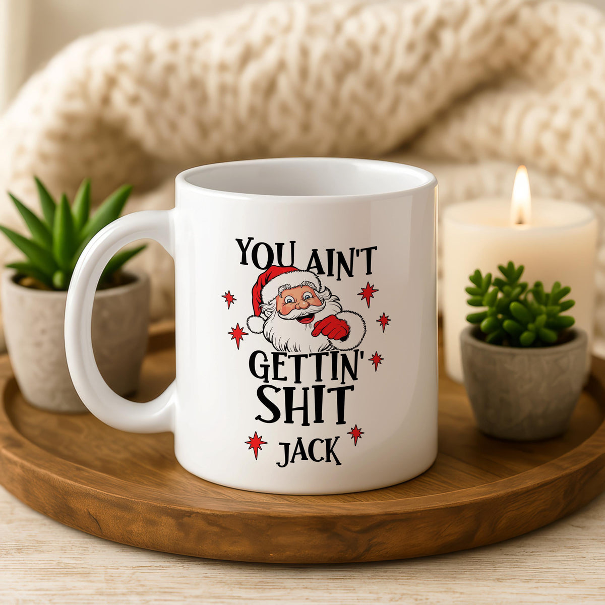 Funny Santa Christmas Mug, Custom Name Coffee Cup, Rude Xmas Gift