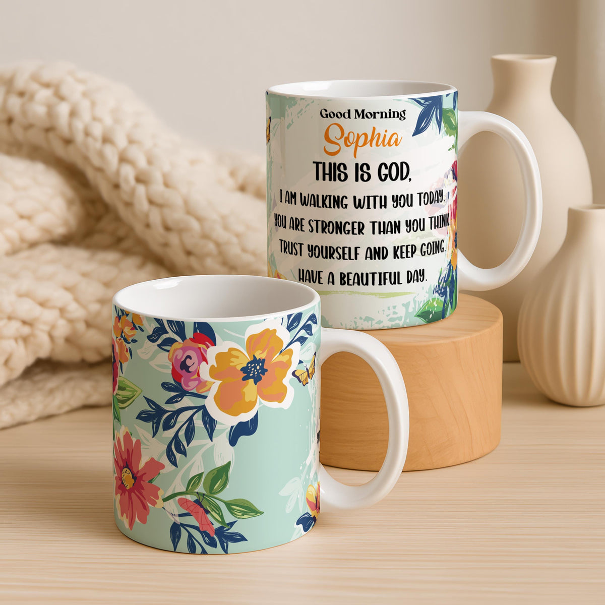Personalized Floral Christian Coffee Mug, Inspirational Faith Cup