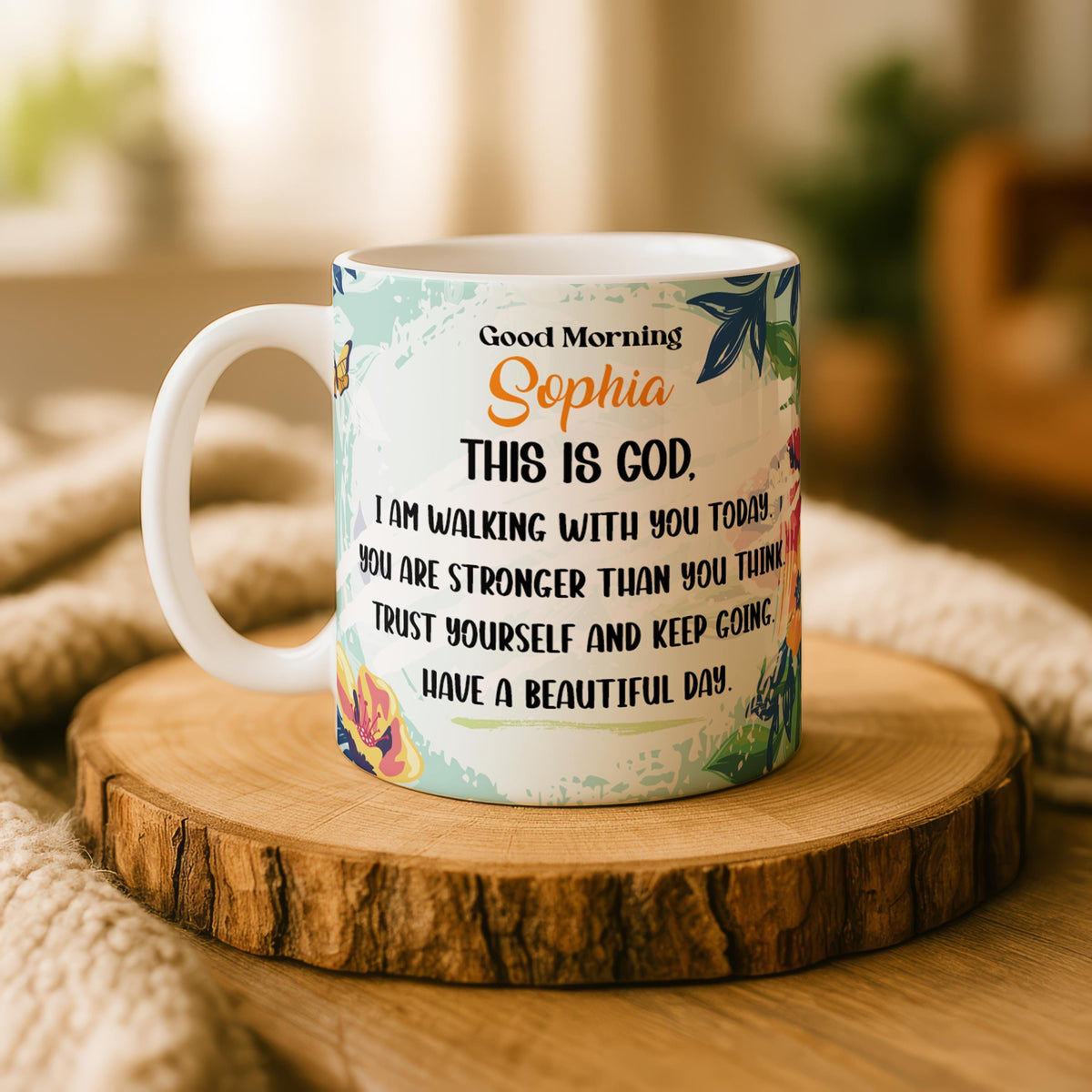 Personalized Floral Christian Coffee Mug, Inspirational Faith Cup