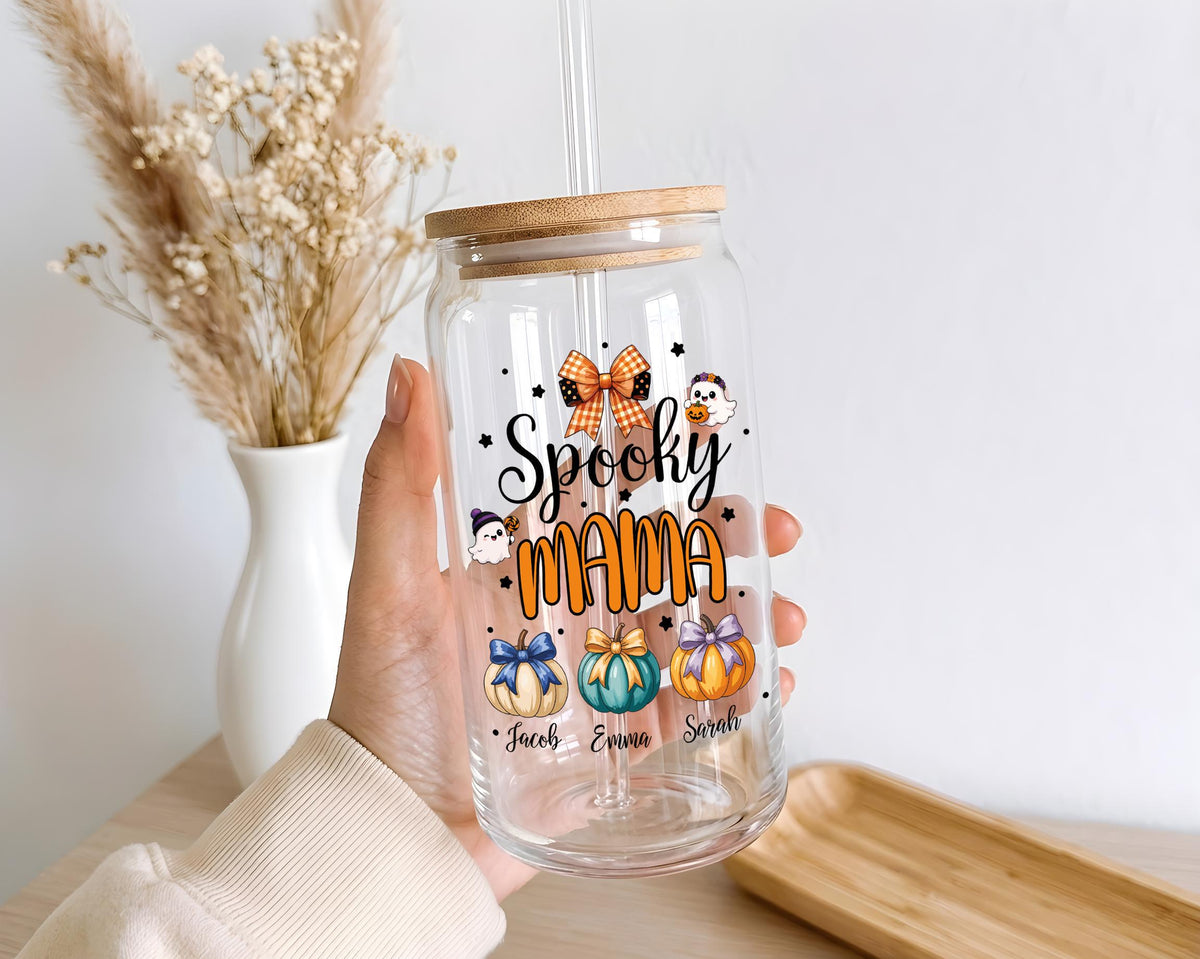 Personalized Spooky Mama Glass Tumbler, Custom Kids Names Halloween Iced Coffee Cup