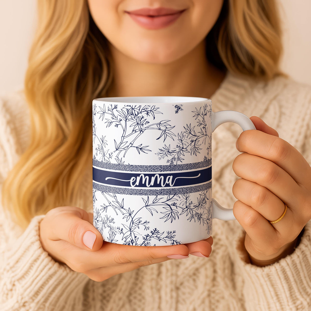 Personalized Floral Ceramic Mug, Custom Name Botanical Tea Cup, Elegant Coffee Lover Gift