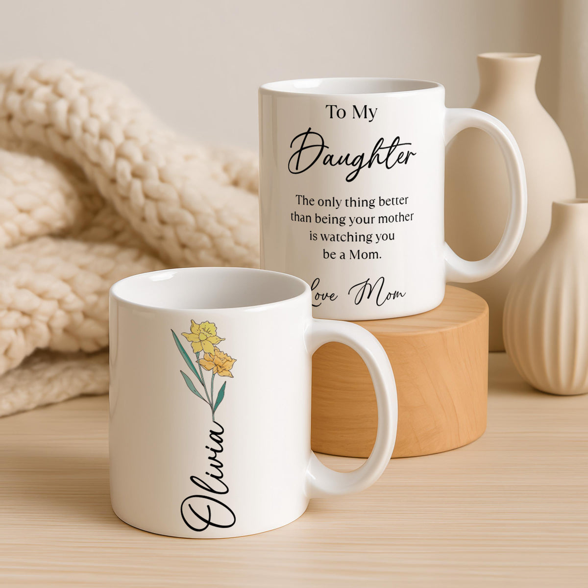 Personalized Daughter Birth Flower Mug, Custom Name Floral Coffee Cup