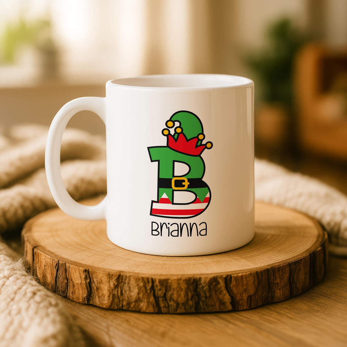Personalized Elf Initial Christmas Mug, Custom Name Ceramic Coffee Cup