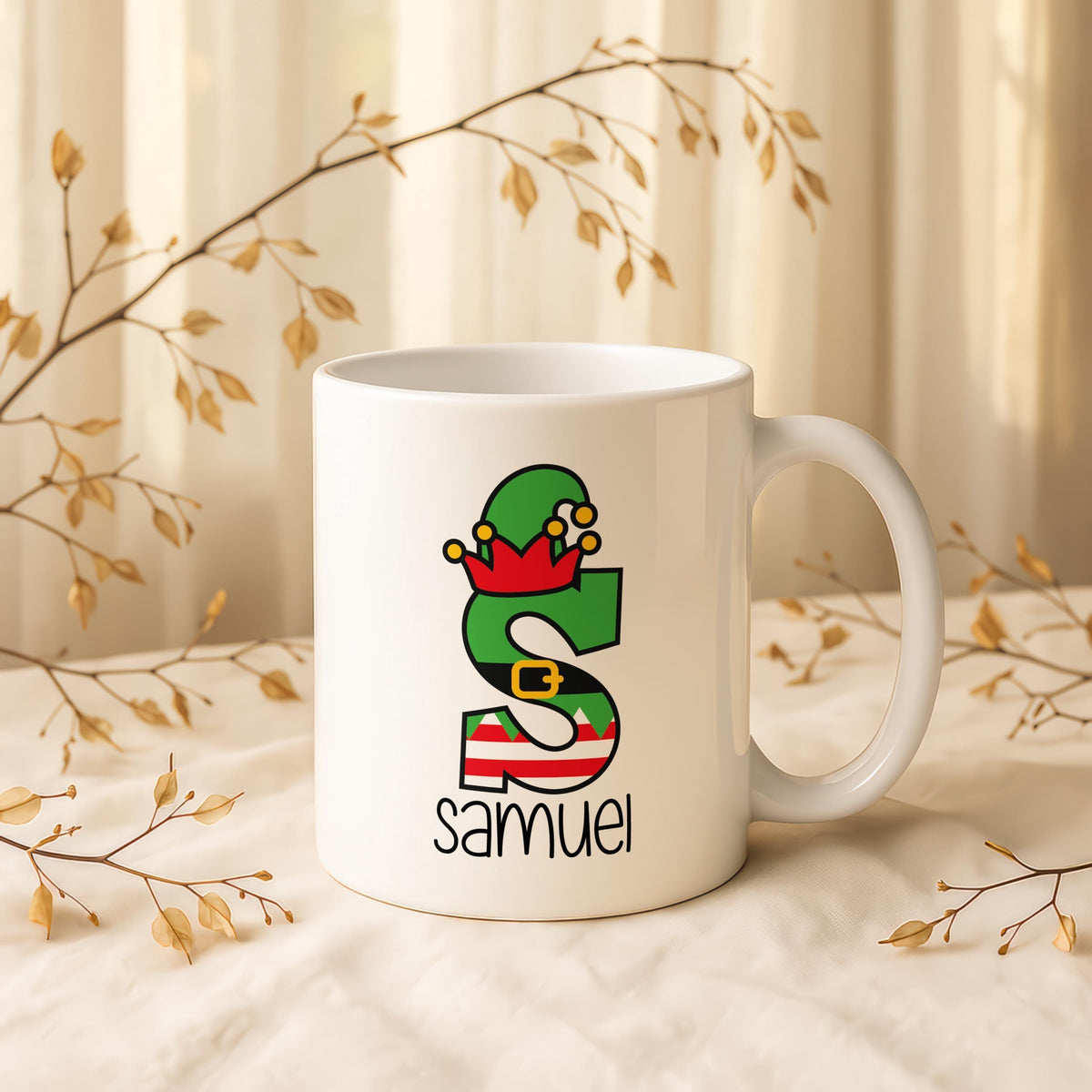 Personalized Elf Initial Christmas Mug, Custom Name Ceramic Coffee Cup
