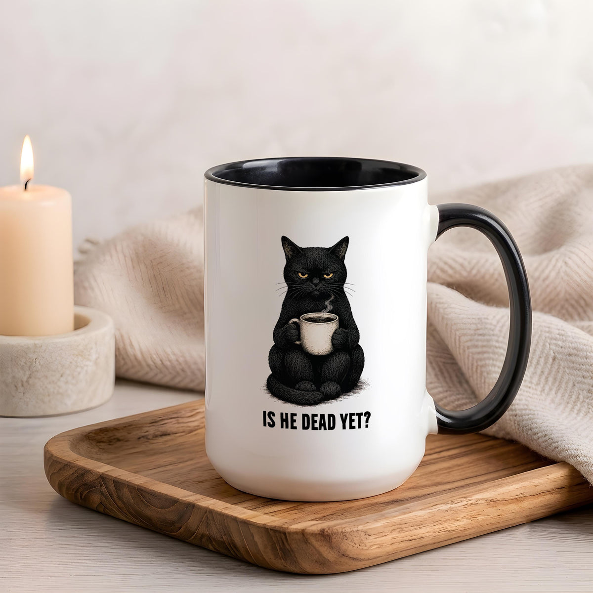 Sarcastic Black Cat Coffee Mug, Dark Humor Gag Gift, Custom Name Option