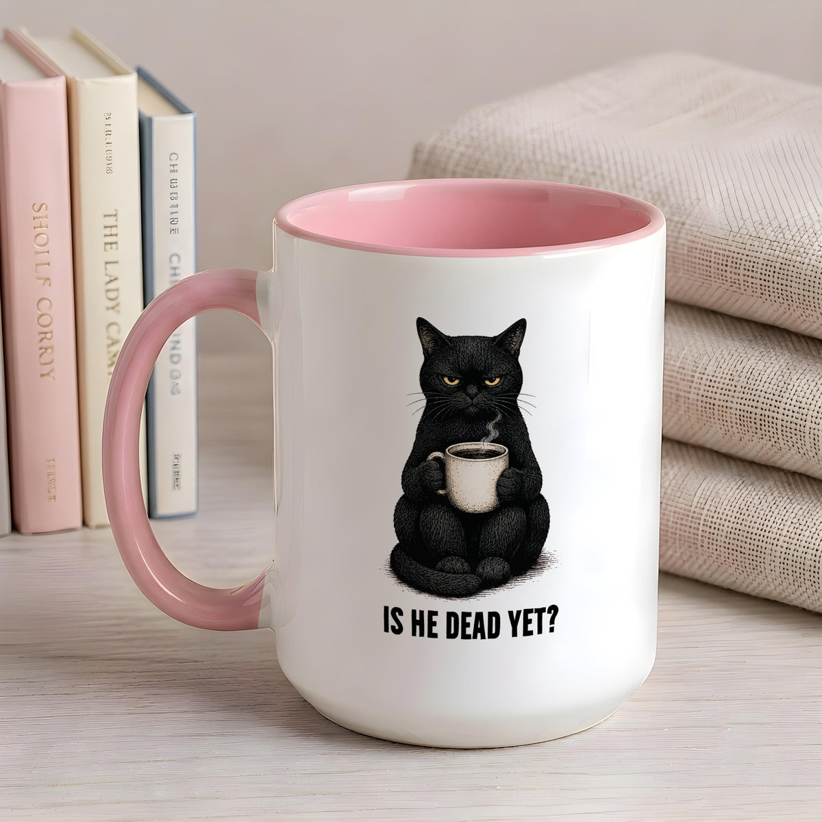 Sarcastic Black Cat Coffee Mug, Dark Humor Gag Gift, Custom Name Option