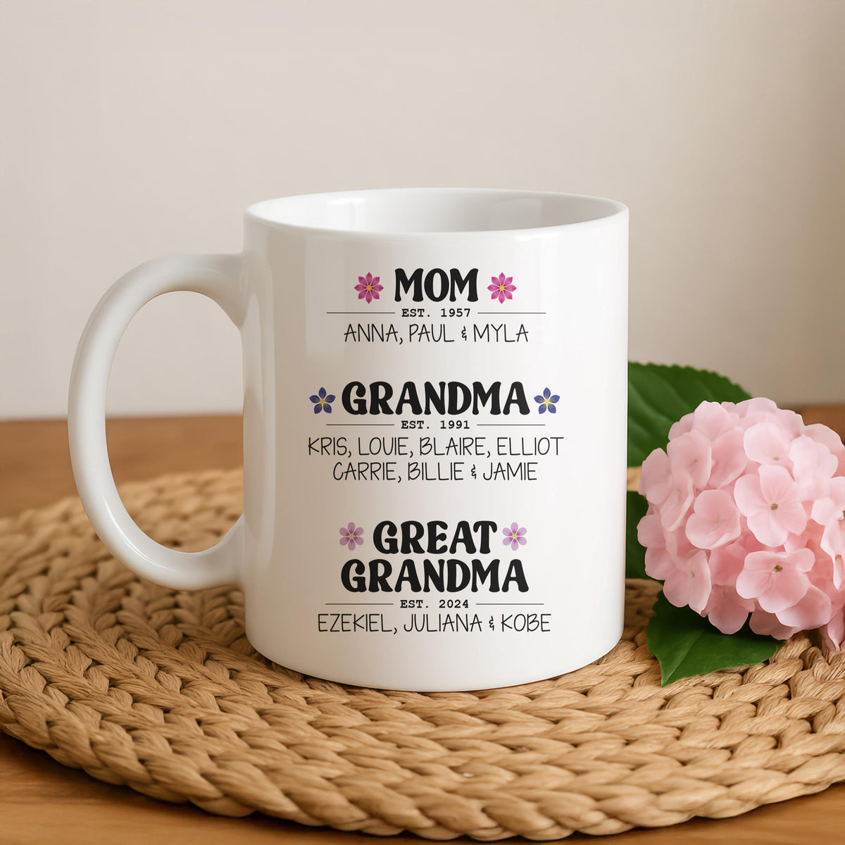 Personalized Generations Mug, Custom Family Names Coffee Cup (11oz or 15oz)