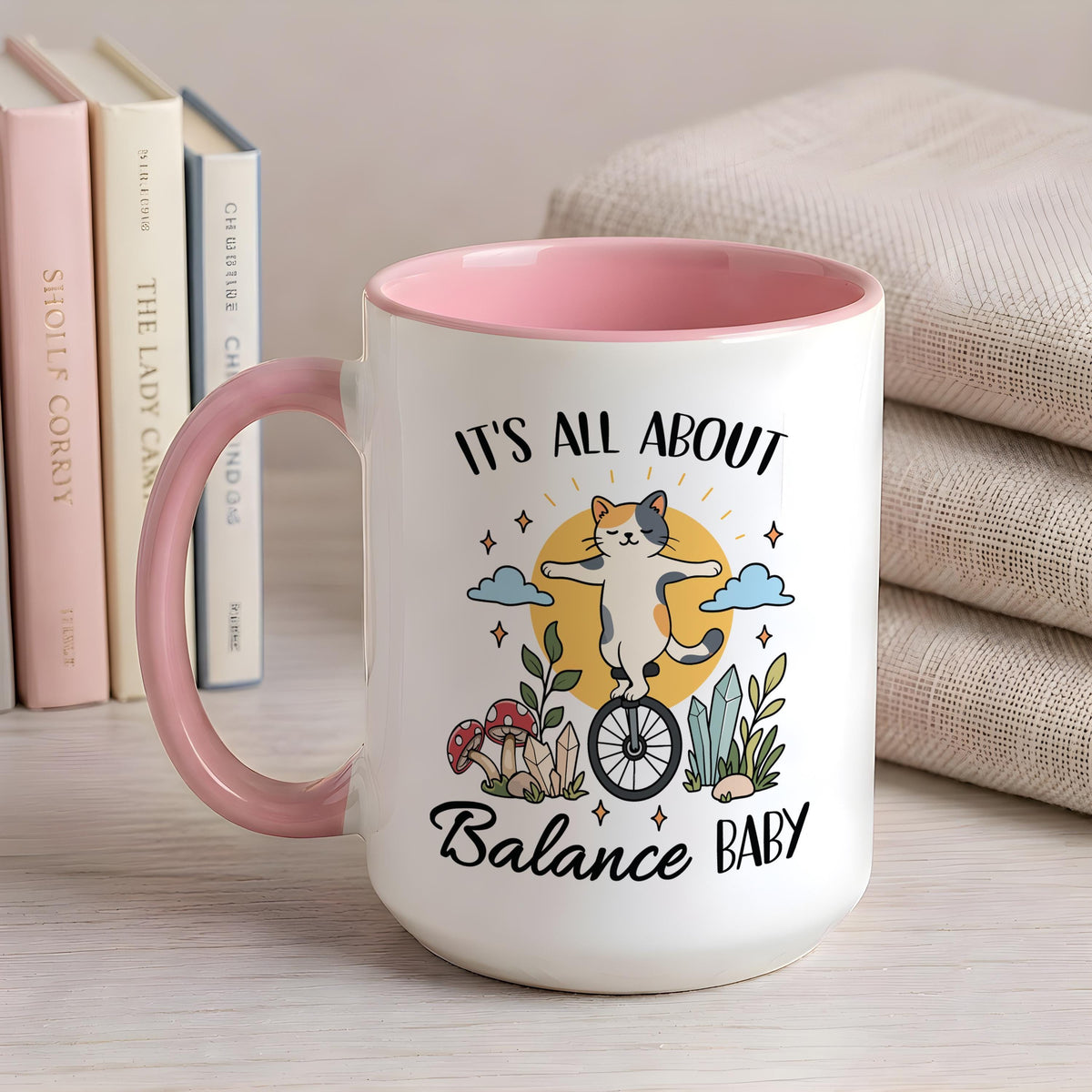 Whimsical Cat Balance Baby Mug, Funny Yoga Lover Coffee Cup, Motivational Mom Gift