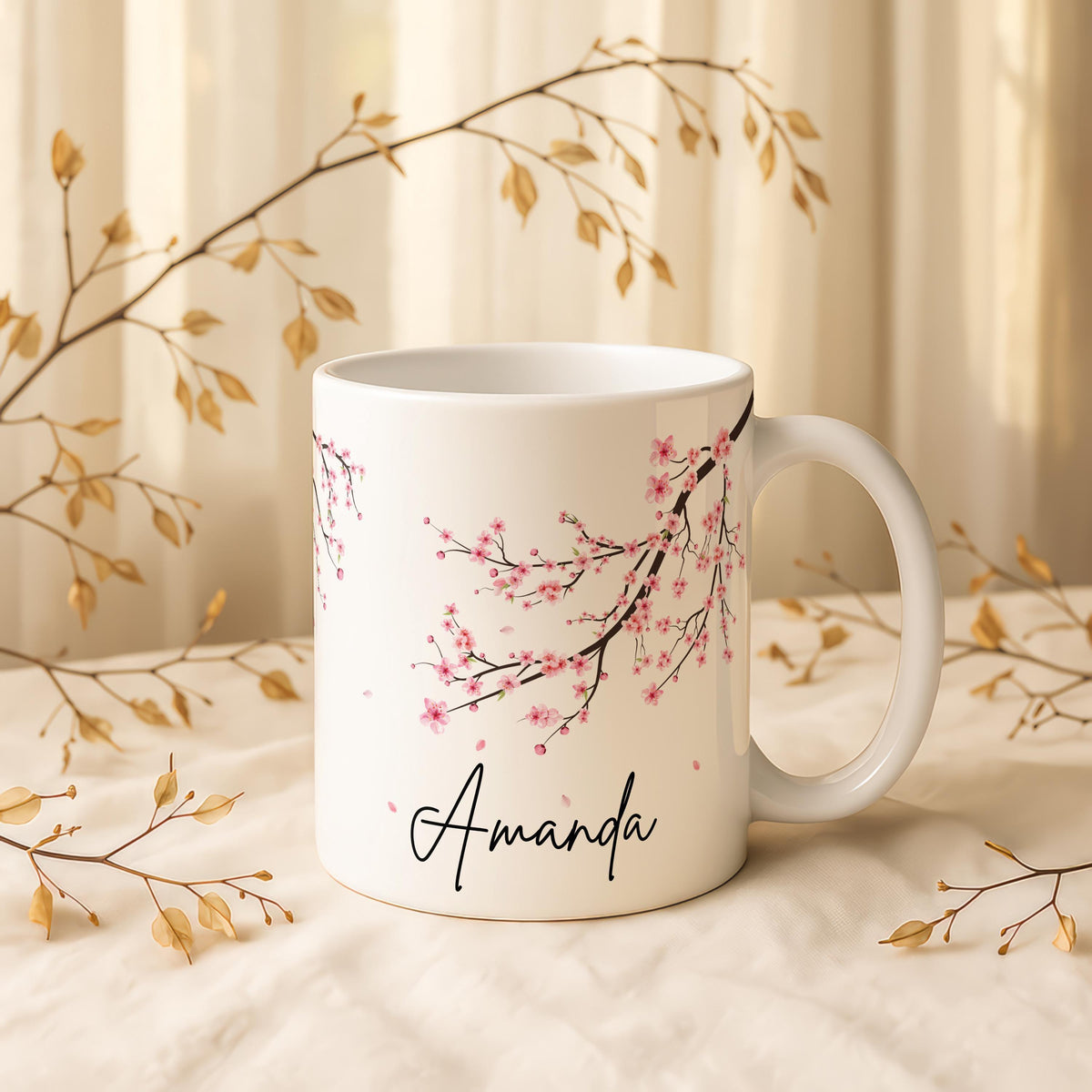 Custom Cherry Blossom Ceramic Mug, Sakura Floral Tea Cup, Personalized Pottery Coffee Mug