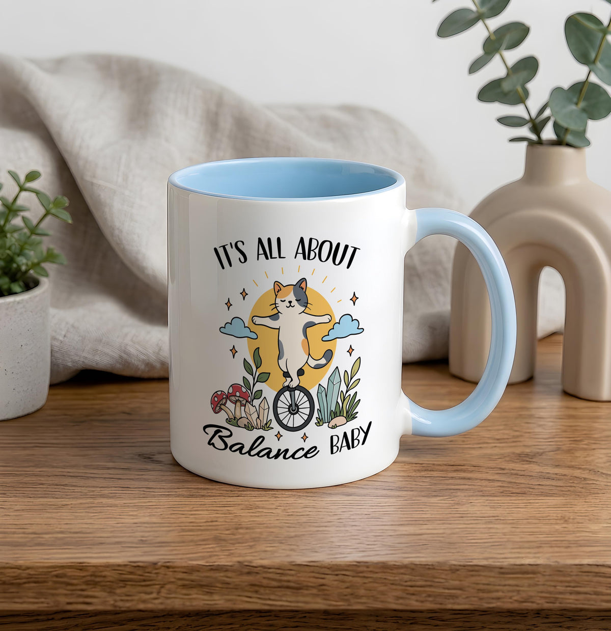 Whimsical Cat Balance Baby Mug, Funny Yoga Lover Coffee Cup, Motivational Mom Gift