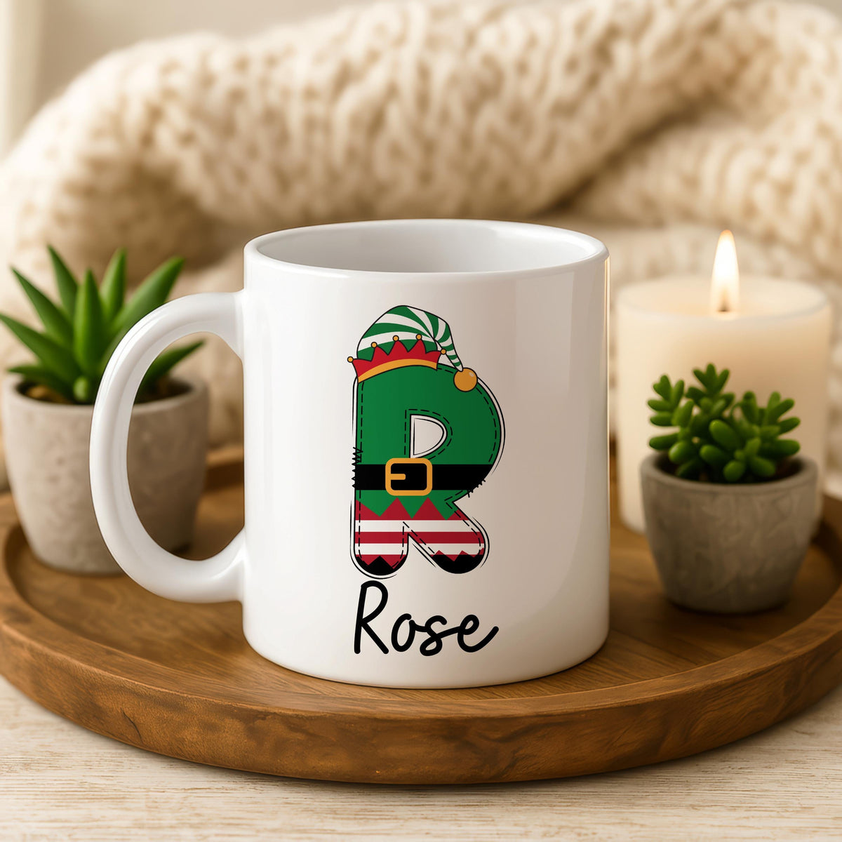 Personalized Elf Initial Coffee Mug, Custom Name Ceramic Cup, Xmas Gift