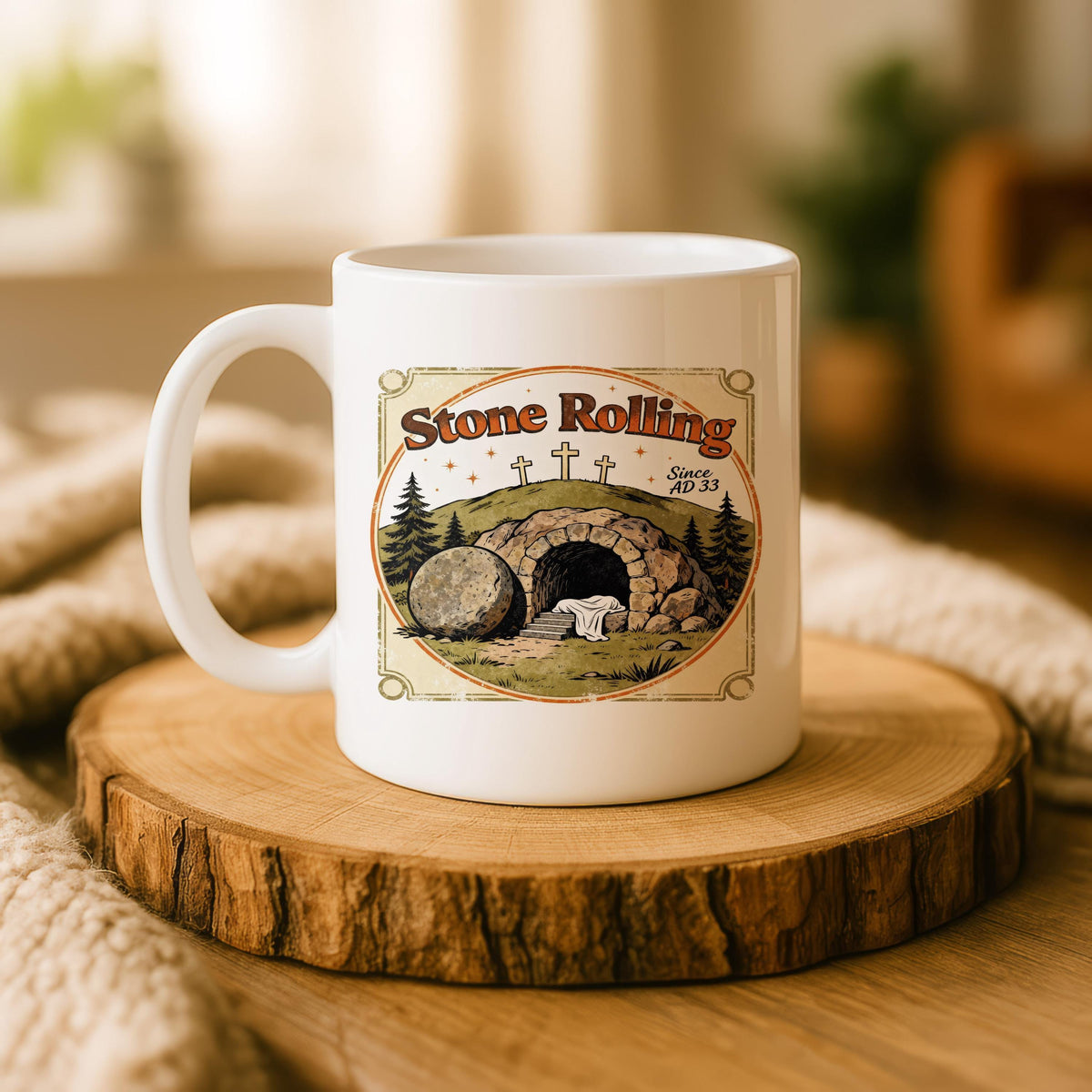 Stone Rolling Since AD 33 Empty Tomb Easter Mug, Christian Coffee Cup