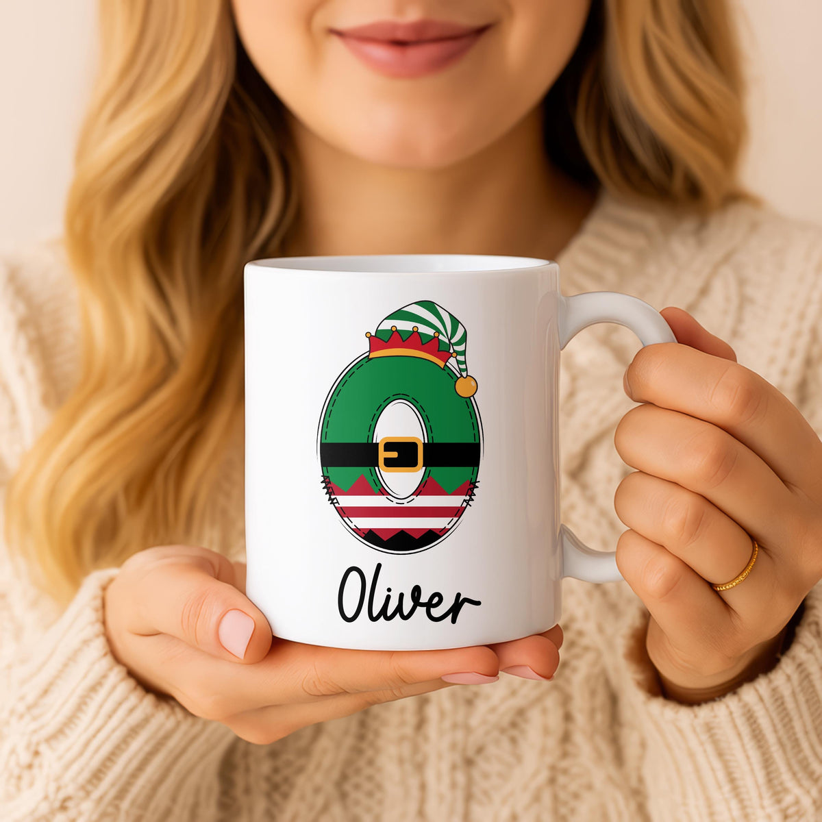 Personalized Elf Initial Coffee Mug, Custom Name Ceramic Cup, Xmas Gift