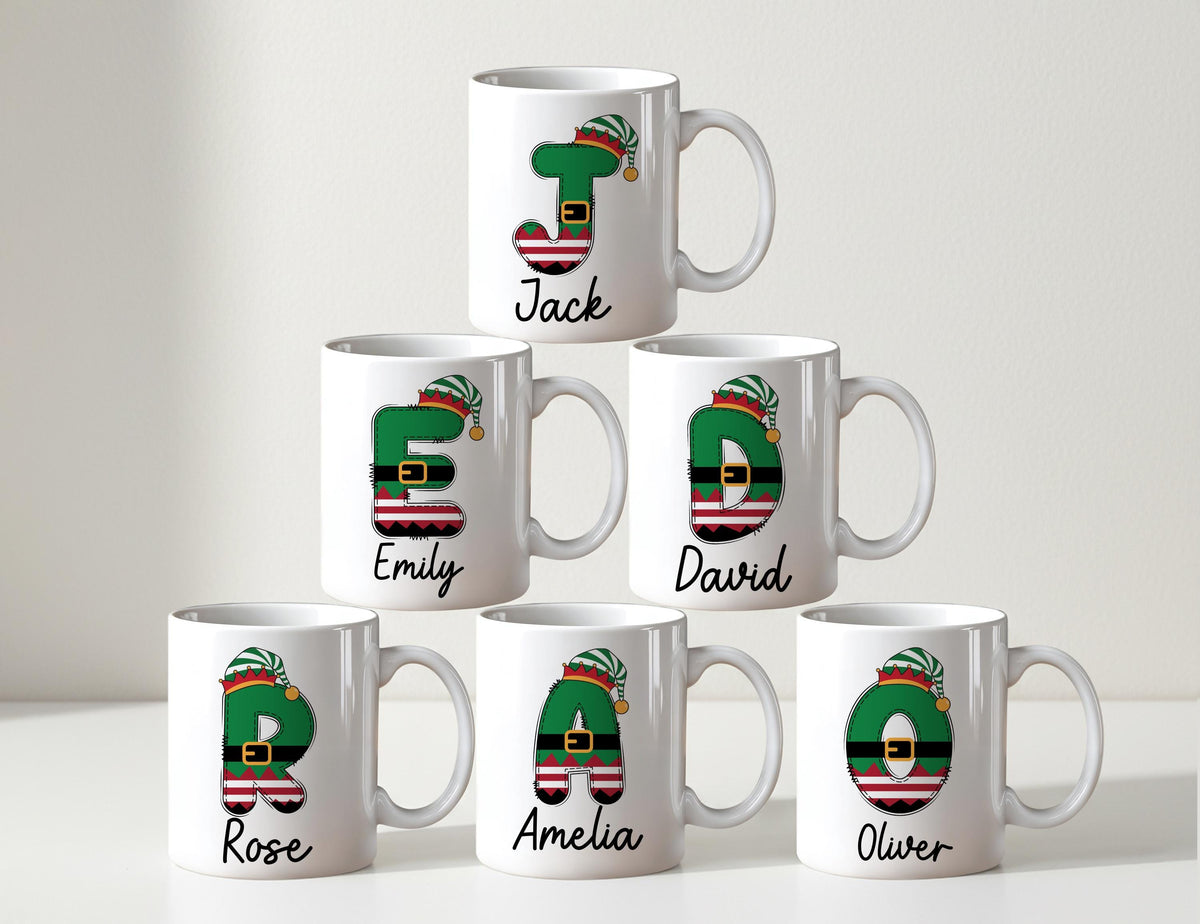 Personalized Elf Initial Coffee Mug, Custom Name Ceramic Cup, Xmas Gift