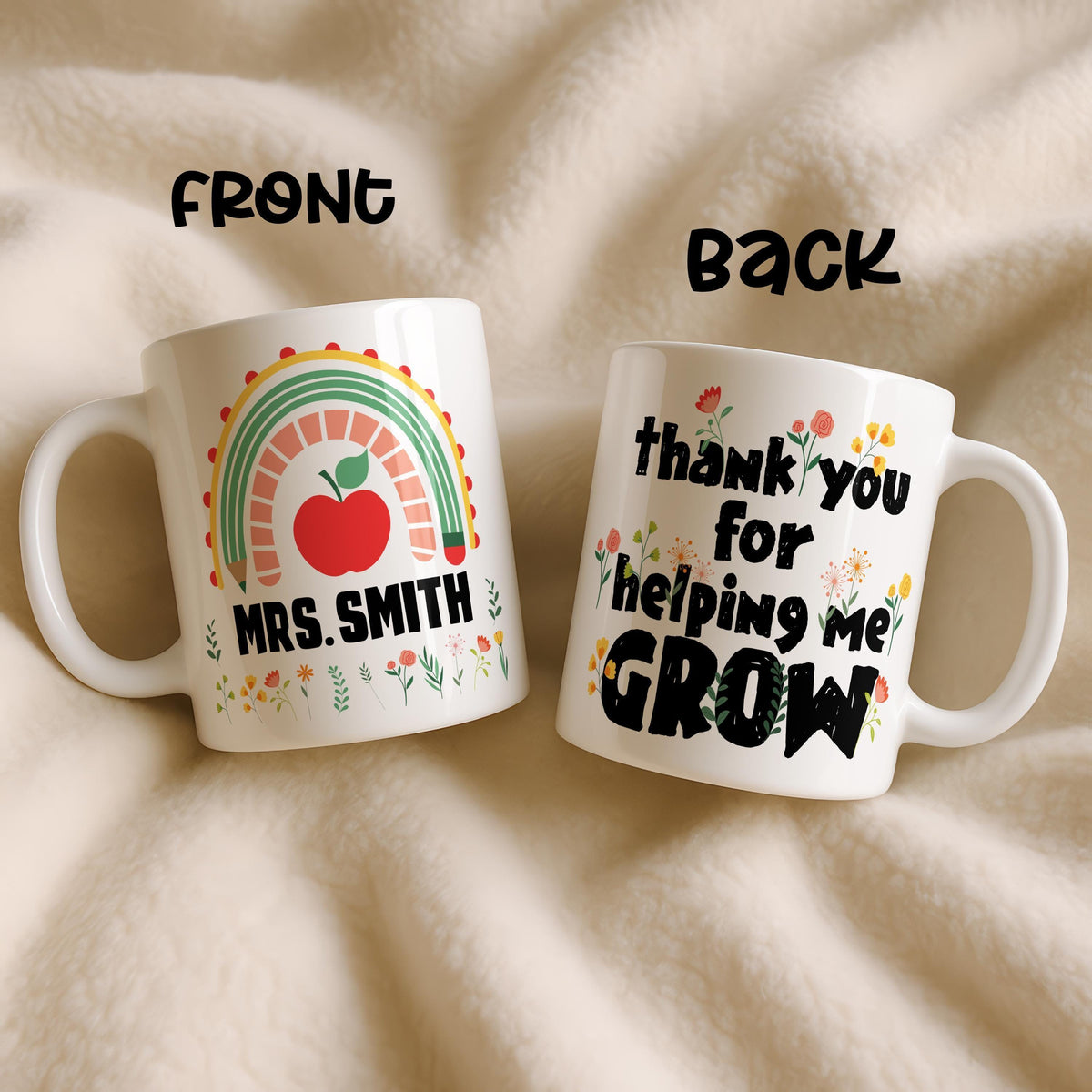 Personalized Teacher Coffee Mug, Rainbow Apple Name Ceramic Cup, Appreciation Gift