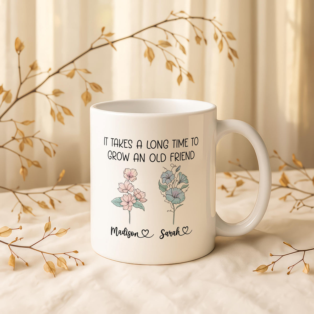 Personalized Friendship Mug, Custom Floral Birth Month Flower Cup