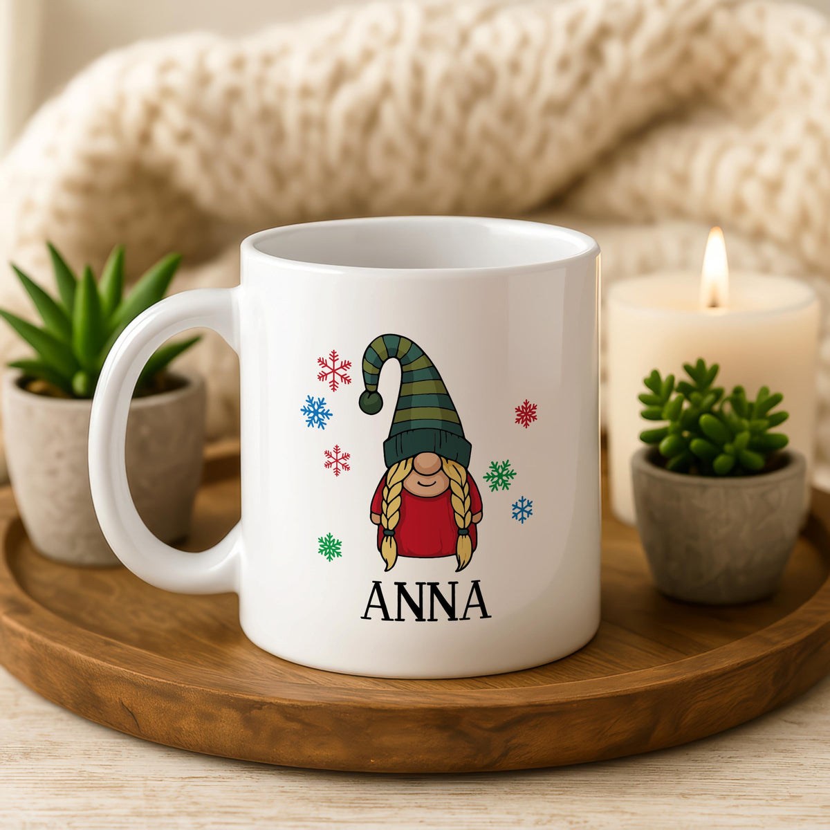 Personalized Gnome Christmas Mug, Custom Ceramic Coffee Cup, Xmas Gift for Friends