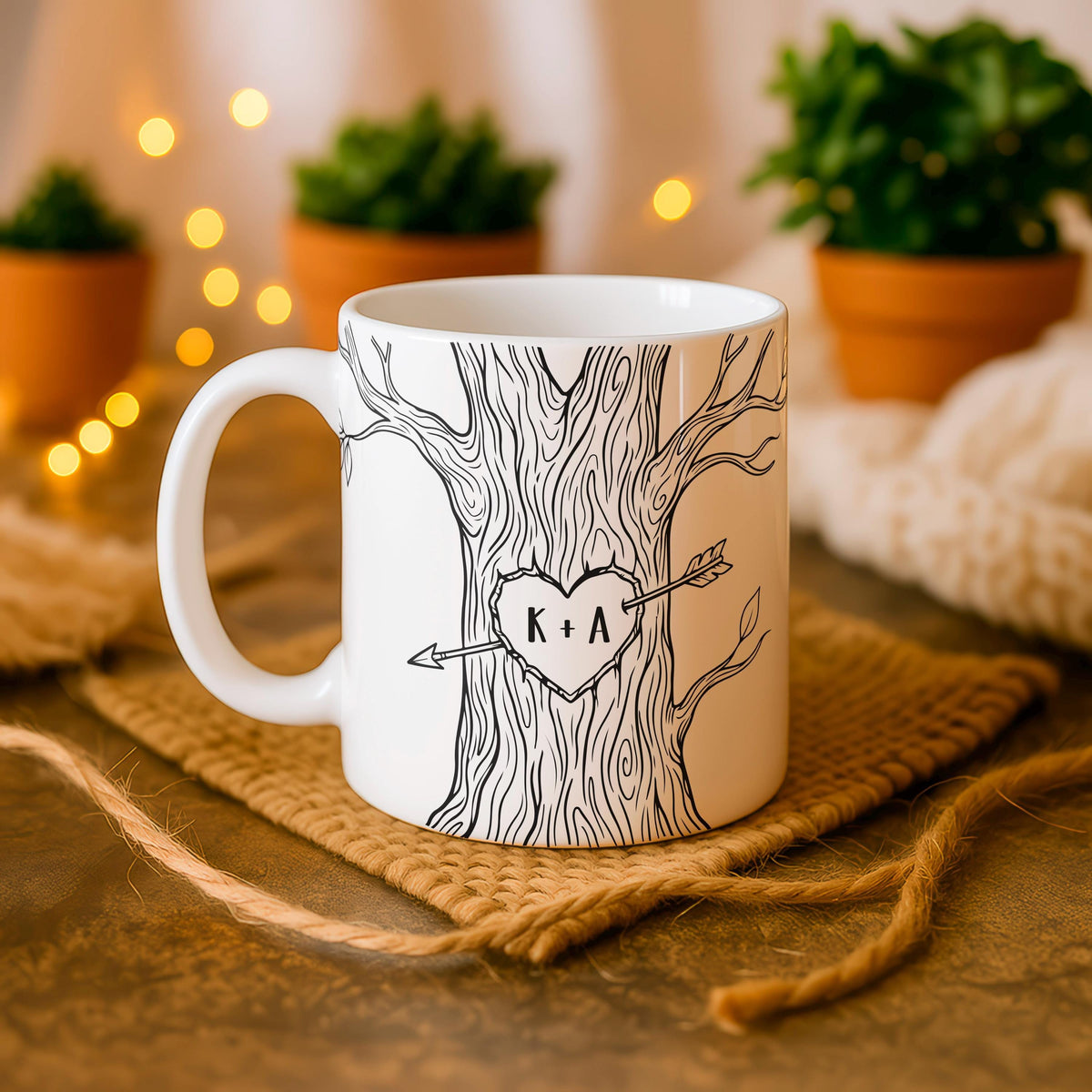 Personalized Tree Heart Initials Mug, Romantic Couple Coffee Cup