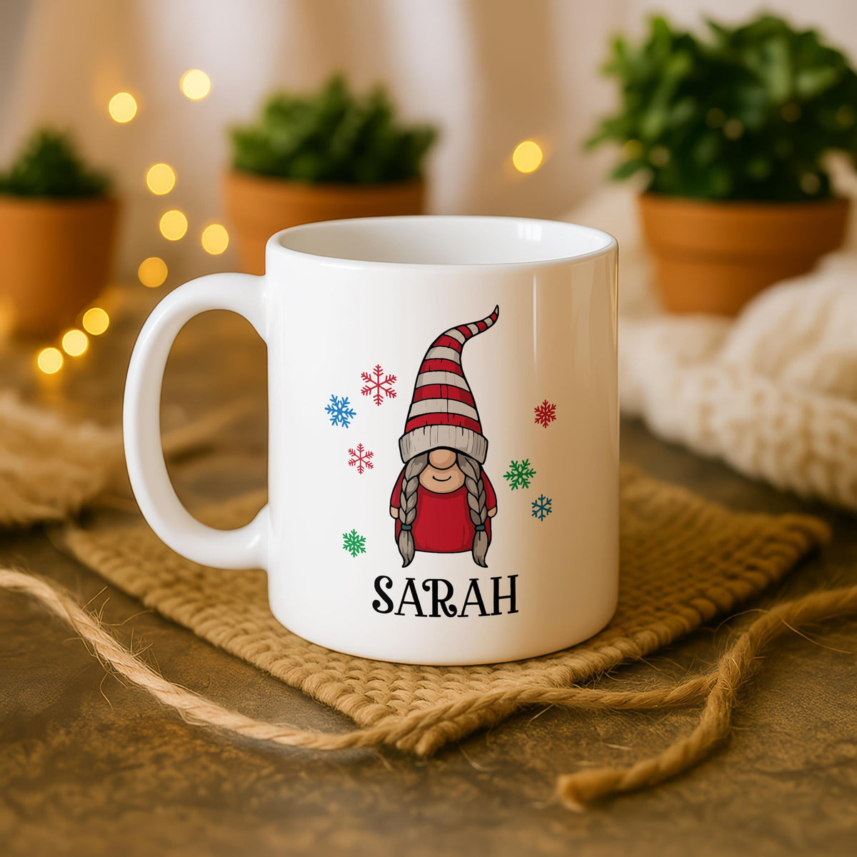 Personalized Gnome Christmas Mug, Custom Ceramic Coffee Cup, Xmas Gift for Friends