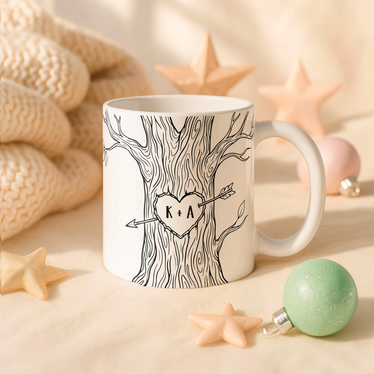 Personalized Tree Heart Initials Mug, Romantic Couple Coffee Cup