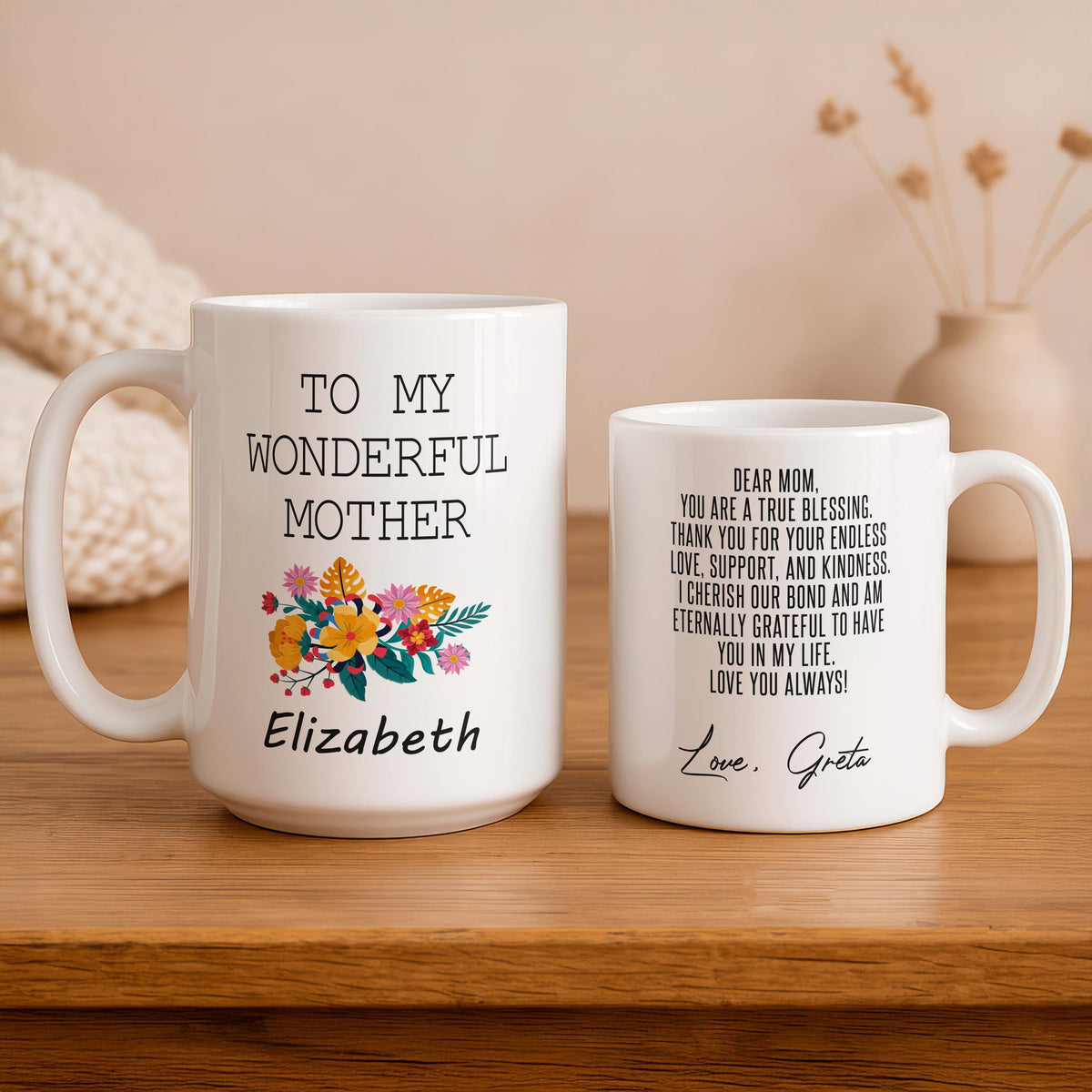 Personalized Floral Mother Ceramic Mug, Custom Name Coffee Cup Gift
