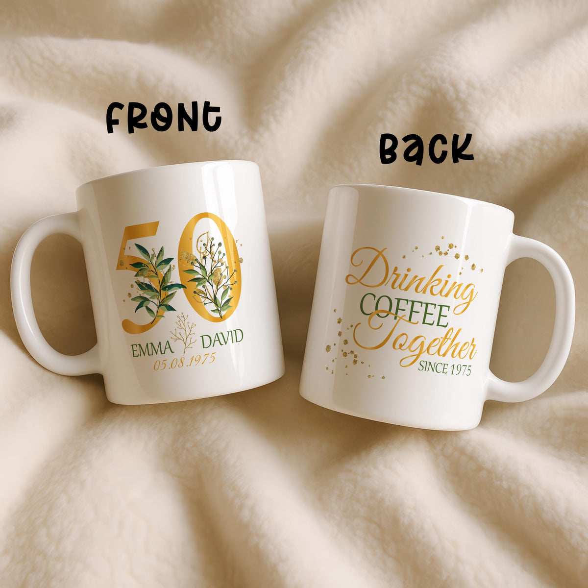 Personalized 50th Anniversary Mug, Custom Couple Coffee Cup, Golden Milestone Gift